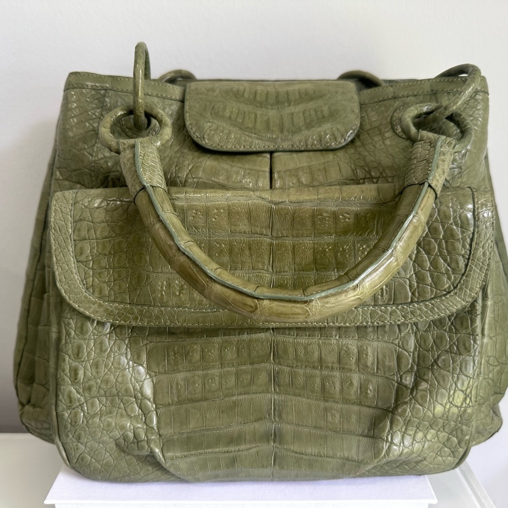 Authentic Nancy Gonzalez Cream Green Crocodile Handbag